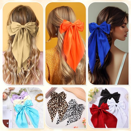 Mimorou 36 Pcs Big Hair Bows for Women Silky Satin Hair Bows Bulk Oversized Long Tail Black White Hair Bow Large Hair Ribbons Hair Clips Barrettes Bow Knot Hair Accessories Gift