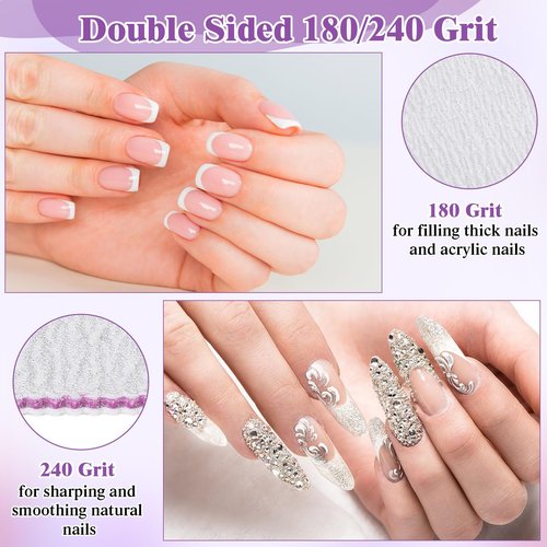 Xinnun 150 Pcs Nail Files 180/240 Grit Double Sides Professional Reusable Emery Board Nail Files for Acrylic Nails Manicure Tools Suit for Home Salon