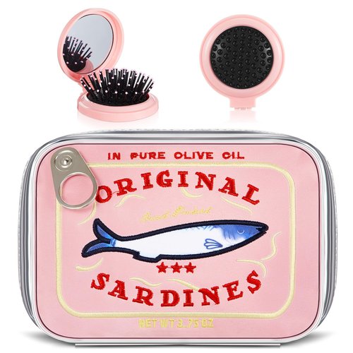 Reginary 2 Pcs Pink Canned Sardines Makeup Bag and Mini Hair Brush with Mirror Cute Cosmetic Bag Folding Hair Brush Kawaii Pencil Case Pouch Portable Travel Toiletry Bag Funny Waterproof for Women