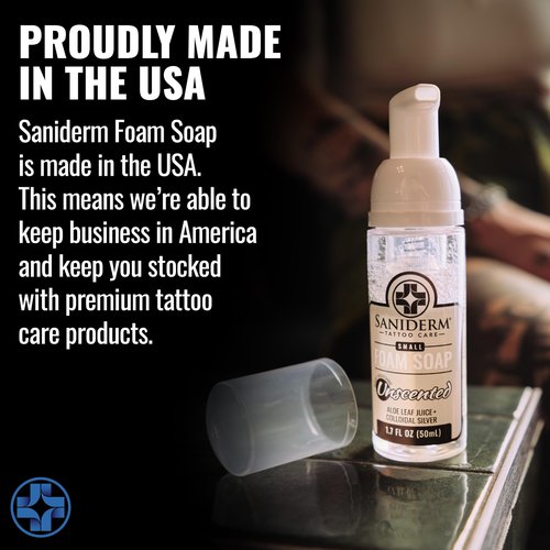 Saniderm Foaming Tattoo Soap (32oz Shop Size) – Gentle Soap for Tattooed Skin, Infused with Antimicrobial Colloidal Silver, Aloe Vera, and Nourishing Sea Buckthorn Oil