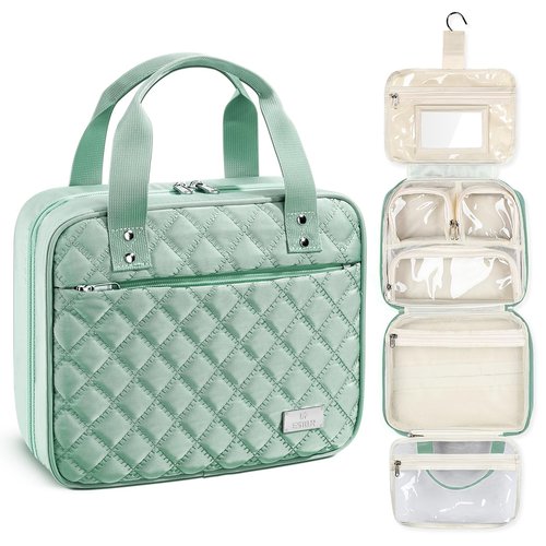 Estour Travel Toiletry Bag for Women, Large Makeup Bag Organizer with Detachable Mirror, and Clear Cosmetic Bag, Suitable for Travel Size Toiletries-Mint Green