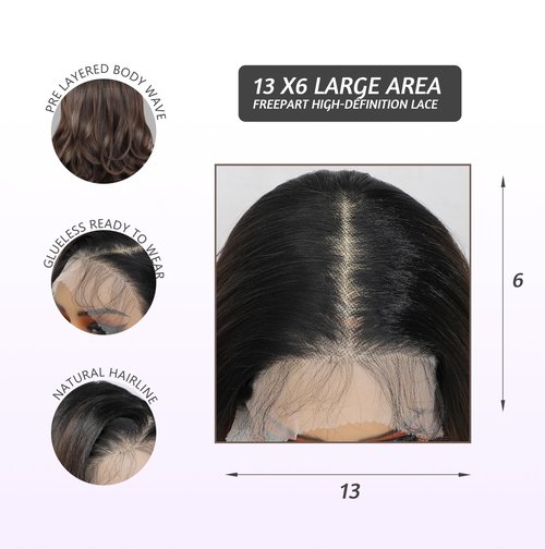 SISgrace Natural Black Ombre Brown 13×6 HD Lace Front Wigs Synthetic Glueless Pre Layered Body Wave Wigs for Women Pre Plucked 18 Inch Tiny Knots Lace Natural Hairline Bob Wigs