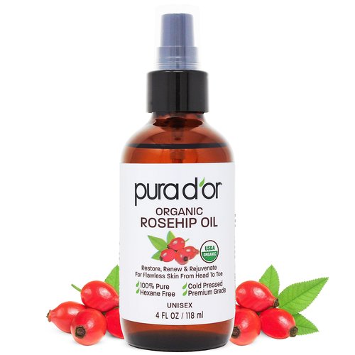 PURA D'OR 4 Oz Vitamin E Oil Blend 70,000 IU & Rosehip Seed Oil Hair Relaxer 100% Pure Cold Pressed USDA Certified All Natural Moisturizer For Anti-Aging, Acne Scar Treatment, Gua Sha Massage