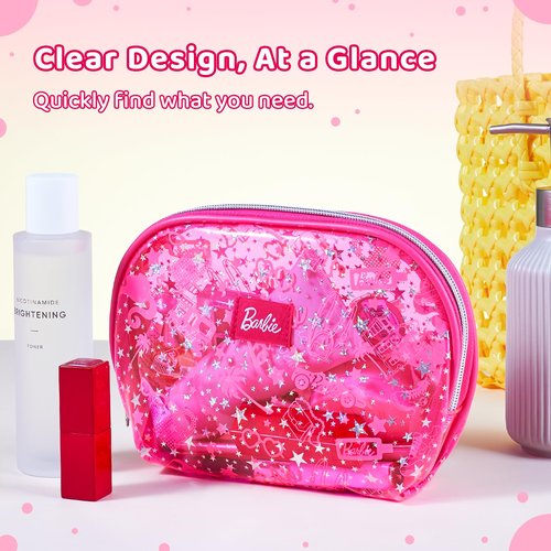 MINISO Barbie Collection Translucent Cosmetic Bag Makeup Bag Zipper Cute Pouches Chic Rose Red Beauty Organizer Travel Toiletry for Girls Women