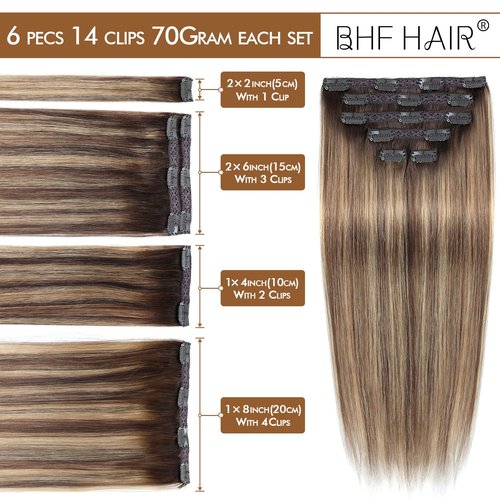 14" Clip in Remy Human Hair Extensions Chocolate Brown to Caramel Blonde Balayage Double Weft Thickness to Ends, 100% Human Hair Extensions for Women, 6 Pieces 70g / 2.45oz.