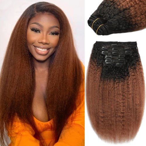 Ombre 1B Brown Kinky Straight Clip In Extensions 100% Brazilian Remy Human Hair Clip Ins 100% Unprocessed Brazilian Virgin Hair Clip Ins Natural Black Hair