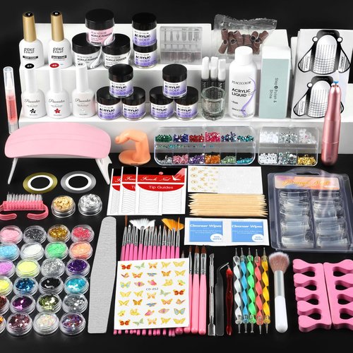 Acrylic Nail Kit for Beginners with Everything ,11 Colors Acrylic Powder Nails Kit Acrylics Set with Drill U V Light 3Pcs Gel Polish 24Pcs Glitter Powders Rhinstones Nail Art Extensions Home Gift Set