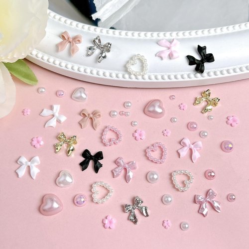 Gold Bow Nail Charms Kit, Cute Pink Flowers Bows 3D Nail Charms for Nails Decoration, White Flatback Pearls Heart Nail Art Jewels for Women Manicure DIY Crafts Accessories