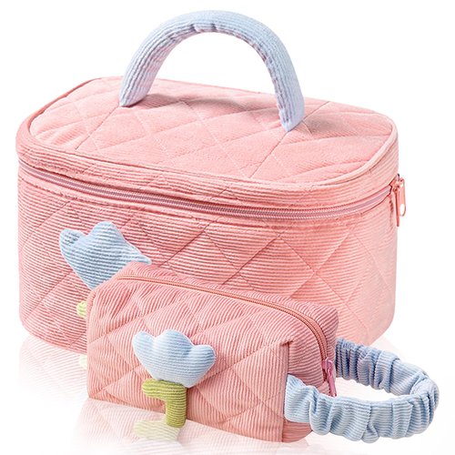BoAn Cotton Large Floral Makeup Bag Set, Cosmetic Organizer Bag with Quilted Design for Women