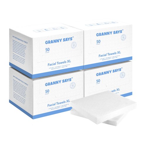 GRANNY SAYS Disposable Face Towel, 200 Counts/4 Boxes, Biobased Face Towelettes Disposable, Extra Thick Soft Face Towels, Clean Skin Towels for Remove Makeup, Facial Cleansing, 10"×12"