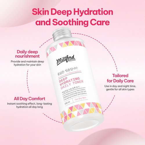 Millford Deep Hydrating Daily Toner 6.76 Oz, 200ml, Moisturizing Toner, Alcohol Free, Fragrance Free, pH Balance, Panthenol, Betaine, Vitamin B5, Korean Skincare