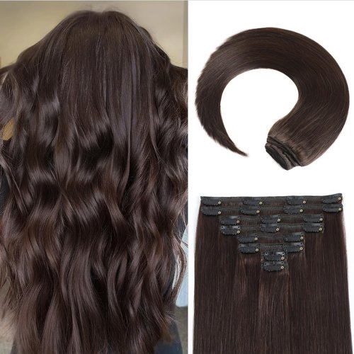 MEYOFUN Dark Brown Clip in Hair Extensions, 16 Inch 90g, 2 Dark Brown Hair Extensions Real Human Hair, Invisible Seamless Remy Human Hair Clip Extensions for Women 8pcs Per Set with Double Weft