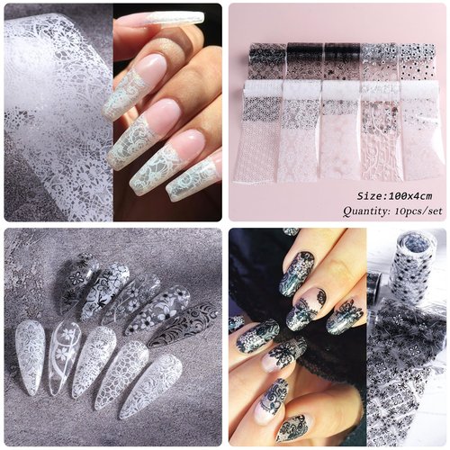 JERCLITY 10 Rolls Lace Flower Nail Foil Transfer Sticker Black White Flower Pattern Nail Foil Sheets Lace Flowers Transfer Stickers