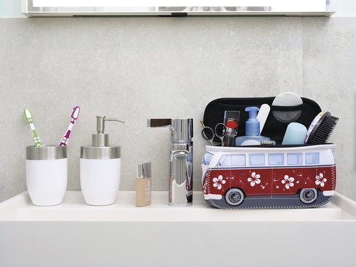 BRISA VW Collection - Volkswagen Neoprene Universal Makeup Cosmetics Toiletry Travel Pharmacy Bag in T1 Bus Design (Hibiscus/Red) (Small (9.1 x 4.3 x 3.1 inches))