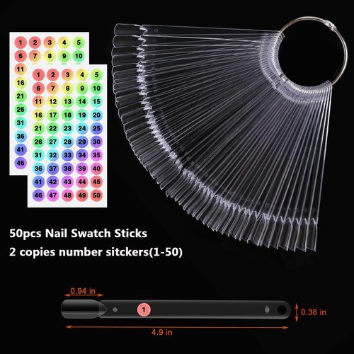 Fan-Shaped Nail Swatch Sticks with Number Stickers, Nail Practice Sticks, Color Display Wheel, Sample Tips (Transparent-50pcs)