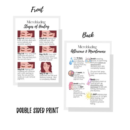Eyebrow Microblading Healing & Aftercare Instructions Postcards | Package of 30 | Double Sided Size 4 x 6" inches Postcard | White with Pictures