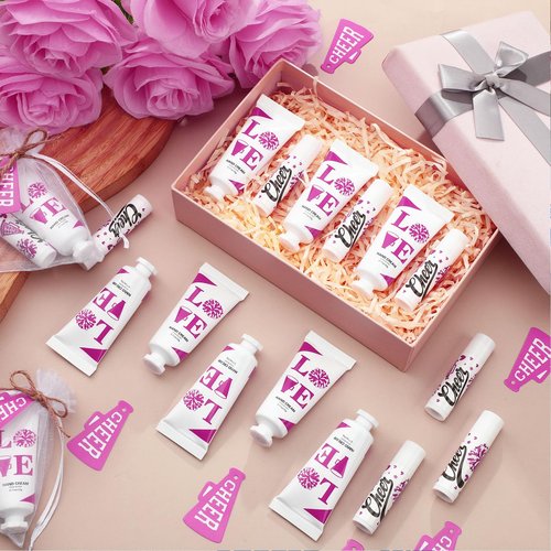 Heigble 144 Pcs Cheerleading Lip Balms Hand Cream Sets Pink Cheerleading Party Supplies Including 36 Lip Balm and Moisturizing Hand Cream 36 Organza Bags Cards and Ropes for Team Thank You Gifts
