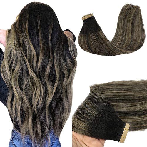 GOO GOO Tape in Hair Extensions Human Hair, 1B/19/1B Natural Black to Light Blonde, 20inch 50g 20pcs, Skin Weft Seamless Invisible, Silky Straight with Thick Ends, Remy Human Hair
