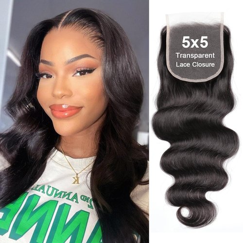 5x5 Transparent HD Lace Closure Human Hair Body wave Closure Unprocessed Virgin Human Hair Invisible Lace Frontal Closure Pre Plucked with Baby Hair Natural Black Color 14 inch