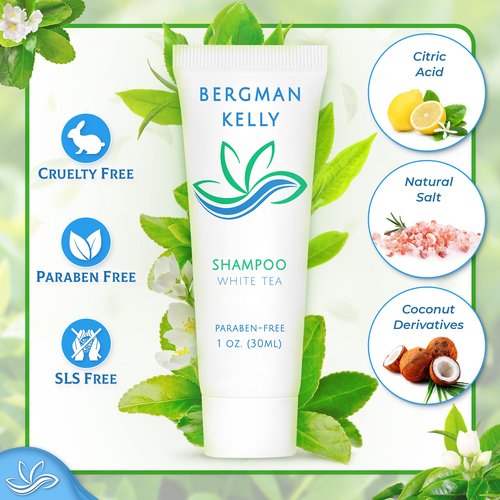 BERGMAN KELLY - Travel Size Hotel Shampoo - 1 fl oz, 100 PK, White Tea - Delight Your Guests with Revitalizing & Refreshing Hair Cleanser for Guest Hospitality - Mini & Small Size Shampoo in Bulk
