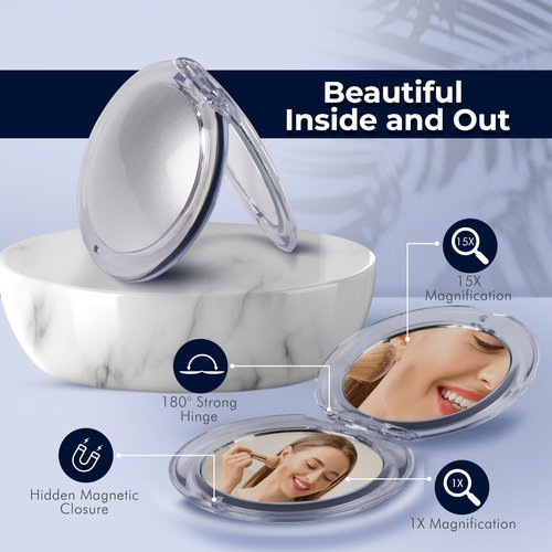 MIRRORVANA Small Compact 15X Magnifying Travel Makeup Mirror - Lightweight, Handheld, and Foldable Design - Mini Pocket-Sized Magnified Mirror for Purse or Handbag - 3.3" Diameter