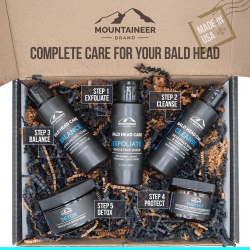Mountaineer Brand Bald Head Care Gifts For Bald Men | All Natural 3 Step Daily Skin Care for Healthy Scalp & Face | Exfoliate Scrub | Cleanse Wash | Shine Away PH Balance