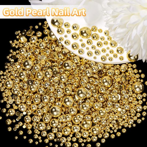 Gold Half Pearls for Crafts, Flatback Half Round Gold Pearl for Nails, 6 Sizes ABS Golden Pearl Beads Gems for Nails Art DIY Crafts Embellishment Shoes Clothes Bags DIY Making
