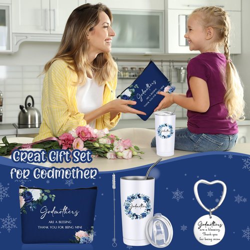 Sieral 3 Pcs Godmother Proposal Gifts Set 20 oz Stainless Steel Tumbler Makeup Bag Keychain from Godchild for Mother Women Birthday Gifts Ideas(Blue Flowers)