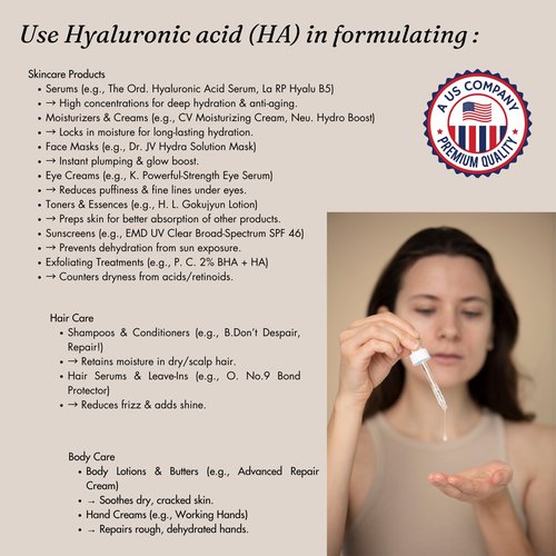 Hyaluronic Acid Powder Pure High Molecular Weight Cosmetic Grade Water Soluble Sodium Hyaluronate for Skin Face Cosmetic Applications Make Your Own Serum
