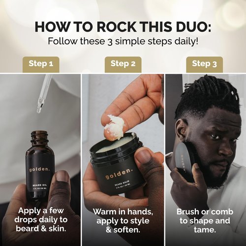 Golden Grooming Beard Bundle for Black Men | Natural Beard Growth Kit with Shea Butter | 2oz Balm & 1oz Oil, Fresh Scent