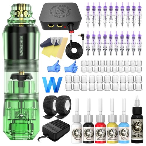 Tattoo Kit Wormhole Tattoo Rotary Tattoo Machine Kit Complete Tattoo Practice Pen Kit 20PCS Tattoo Cartridge Needles 6PCS Tattoo Ink for Beginners and Tattooists WTK159
