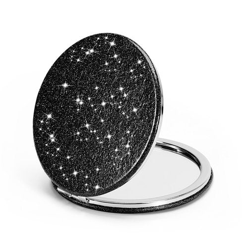 Dynippy Compact Mirror 3.15 inch Double-Sided 1X/2X Magnifying Bulk Pu Leather Makeup Mirrors Round Mirror for Purses Small Pocket Portable Hand Mirror (1, Bling Black, 3.15 * 3.15 inch)
