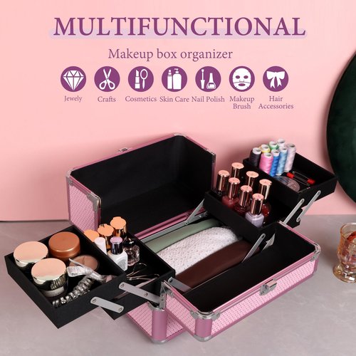 HAISKY Makeup Train Case Cosmetic Organizer Case Makeup Box Portable Make Up Artist Travel Case with 4 Trays Dividers Lockable Hard Train Case Nail Tech Supply Storage - Crystal Pink