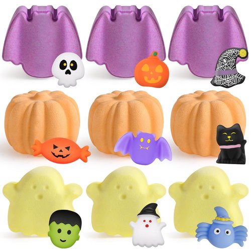 9 Pack Halloween Bath Bombs with Halloween Toys Inside, Halloween Gifts for Kids, Bath Bombs for Kids with Surprise Inside for Girls Boys Halloween Treat Bags Halloween Basket Halloween Party Favors