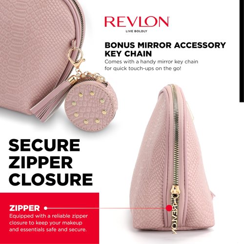 REVLON Croc Embossed Makeup Pouch, Small Makeup Pouch, Travel Makeup Organizer with Tassel & Mirror Keychain, Cosmetic Bag, Mini Makeup Case with Pockets, Gifts for Women, Ladies, or Teen Girls, Rose