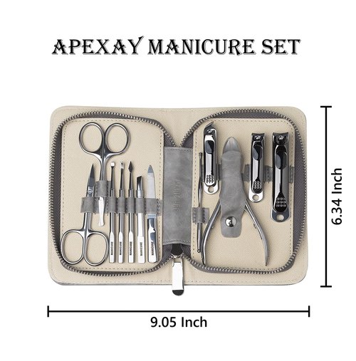 Apexay 12-Piece Manicure & Grooming Kit – Stainless Steel Nail Clippers, Cuticle Tools, Nose & Ear Scissors in Travel-PU Leather Case