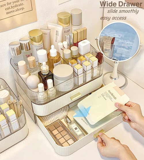 Makeup Organizer with Stackable Drawer, Cosmetic Storage Display Case for Vanity, Bathroom Countertop or Dresser,Counter top Holder for Lipstick, Brushes, Lotions, Eyeshadow, Nail Polish