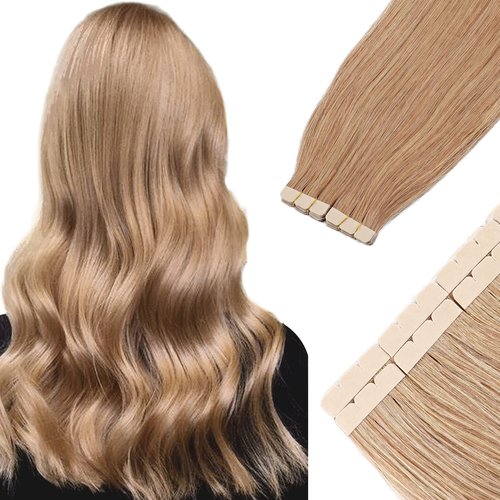 Benehair Tape in Hair Extensions Human Hair Blonde 20pcs 50g/pack Straight Hair Extensions Seamless Skin Weft Tape in Natural Hair for Women (#27 Dark Blonde, 16")