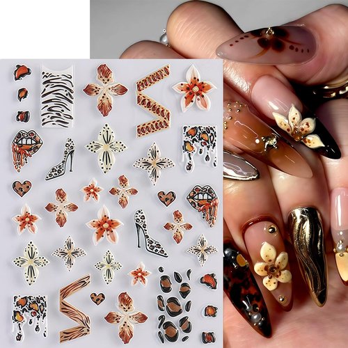 2 Sheets Fall Winter Brown Leopard Flower Nail Art Sticker 5D Self-Adhesive Hibiscus Flower Nail Decals Leopard Print Pattern Nail Design Leopard French Heart Nail Supplies for Women Manicure Decor