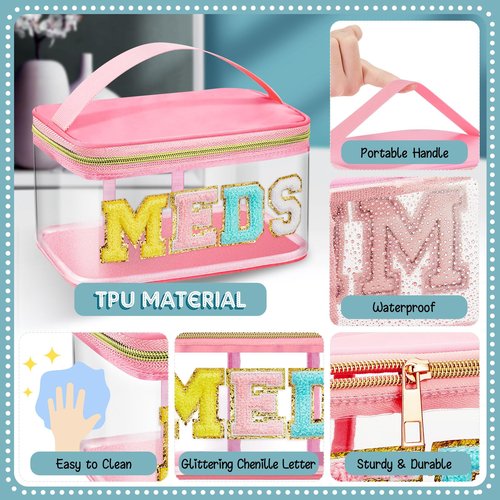 Geetery Chenille Letter Bag, Meds Cheer Travel Cases Cheerleader Gifts Cosmetic Bag Nylon Makeup Portable Preppy Patch with Zipper Toiletry Storage Case for Women(Pink,Meds)