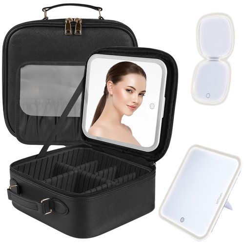 OPULUXE Makeup Bag Detachable LED Mirror With Stand 3 Adjustable Brightness 5x Zoom LED Travel Mirror Portable Cosmetics Case Brush Holder Organizer Adjustable Dividers Faux Leather Waterproof Gift
