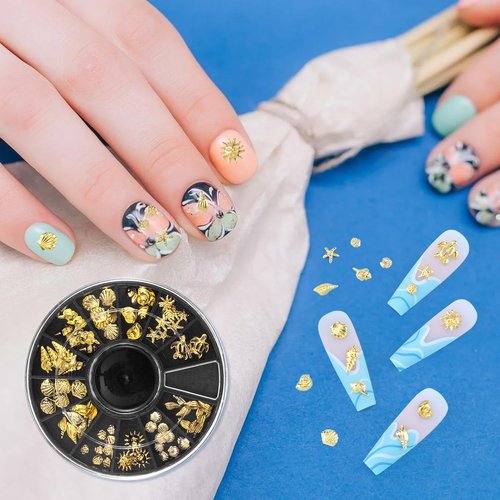 BEIQIYA 2 Disc 3D Metal Nail Charms, Starfish Seashell Manicure Art Decals, 12 Styles Nail Decor DIY Embellishments for Scrapbook Bookmarks Invitation- Gold