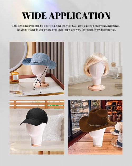 CHADWICK Wig Head Stand 21 Inch Mannequin Head Hat Display Stand Linen Wig Holder, Wig Display Model Fabric Head Wig Stand for Wigs, Hats, Caps, Headdress, Canvas Dome + Detachable Wood Stand
