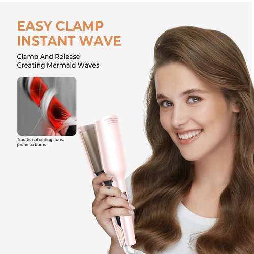 Waver Hair Tool,Mini Waver Curling Iron，Curling Iron Hair Crimper Waver，Ionic Deep Waver Curling Wand with Ceramic 2 Barrel for Women，Double Voltage Included UK/EU Plug, Easy to Use, Pink, 1.25 Inch.