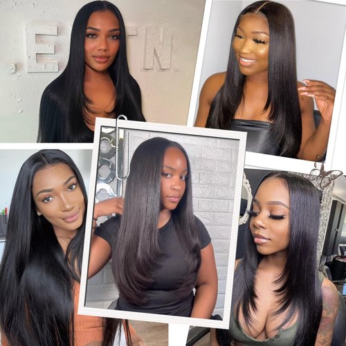 Kmzbasg Black Lace Front Wig for Women Pre-Plucked Pre Cut Glueless Long Straight Layered Synthetic Ready to Wear Wig 4x6 HD Lace for Girls Party Cosplay and Daily Use 26 Inch