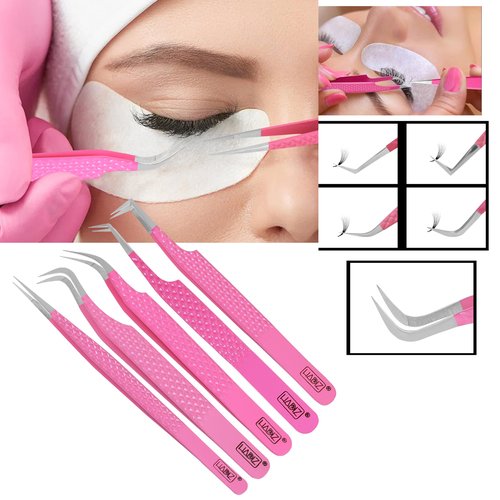 HADIZ Fiber Tip Eyelash Extension tweezers Lash Tweezer Japanese Steel set of five (Raspberry)