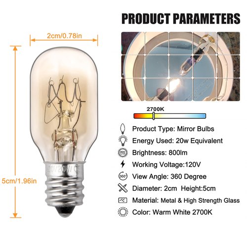 ZTTM 20W, 120V Incandescent Bulb Replacement, Suitable for Conair RP34B Illuminated Makeup Mirror, E12 Candle Holder Base, 2700K (20W 120V Bulb*2)