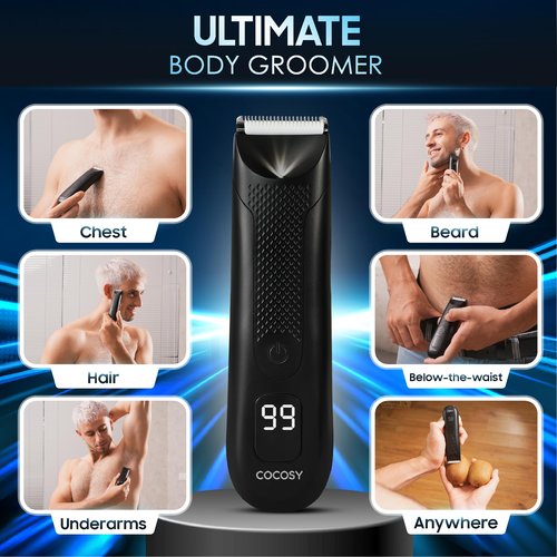 COCOSY Body Hair Trimmer for Men - Ball Trimmer, Ceramic Blade, Waterproof Electric Groin Hair Trimmer with Standing Recharge Dock & Travel Pouch, Male Hygiene Razor