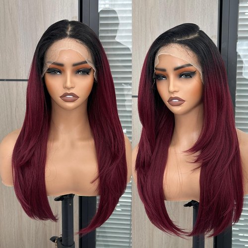 13x6 HD Lace Front Wigs for Women, Synthetic Wigs Wear and Go Glueless Wig with Baby Hair, Pre Plucked Layered Long Straight Wig, Heat Resistant (#OMBUG Burgundy)