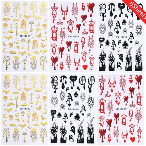 POWPOP Halloween Nail Art Stickers Decals 3D Halloween Nail Decals 6PCS Gold Skeleton Bat Key French Fire Blood Crown Nails Design Adhesive Stickers Manicure Supply for Women Nail Art Decorations